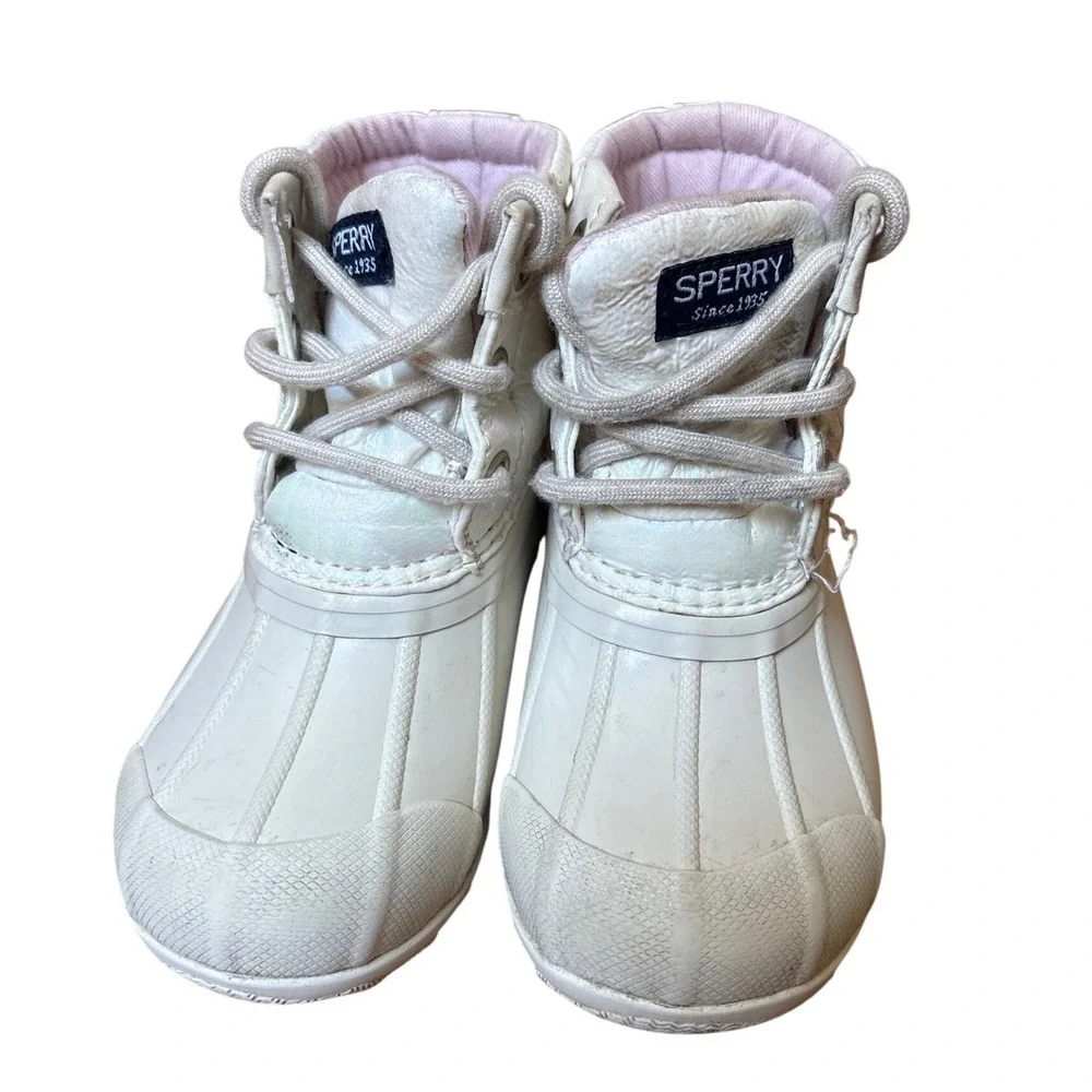 Sperry Saltwater Duck Boots Kids White Shimmer Waterproof Rain Boots SIZE 7M